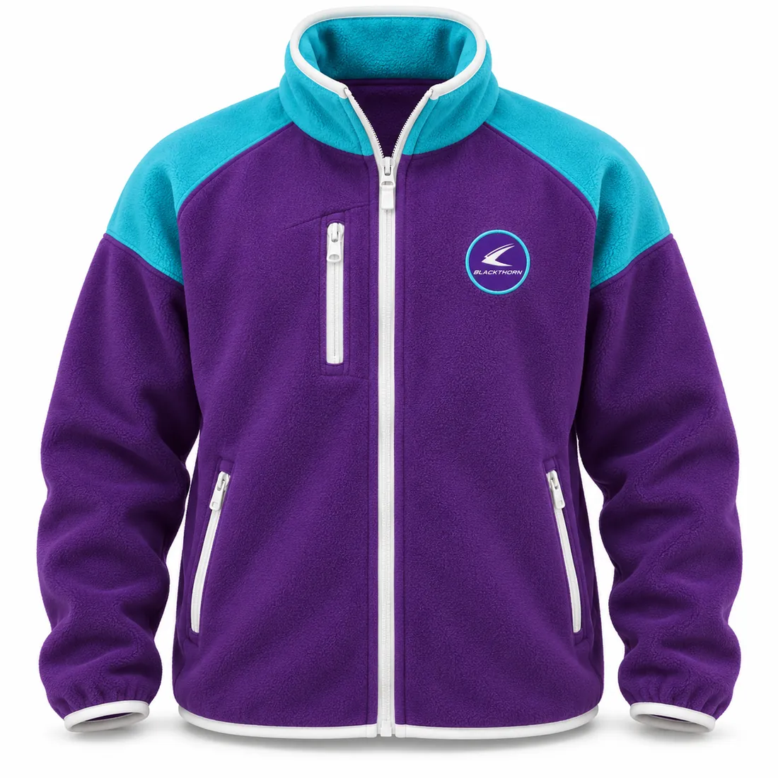 Retro colour-block full-zip polar fleece jacket in purple with turquoise yoke and white zips, made to order by Blackthorn World