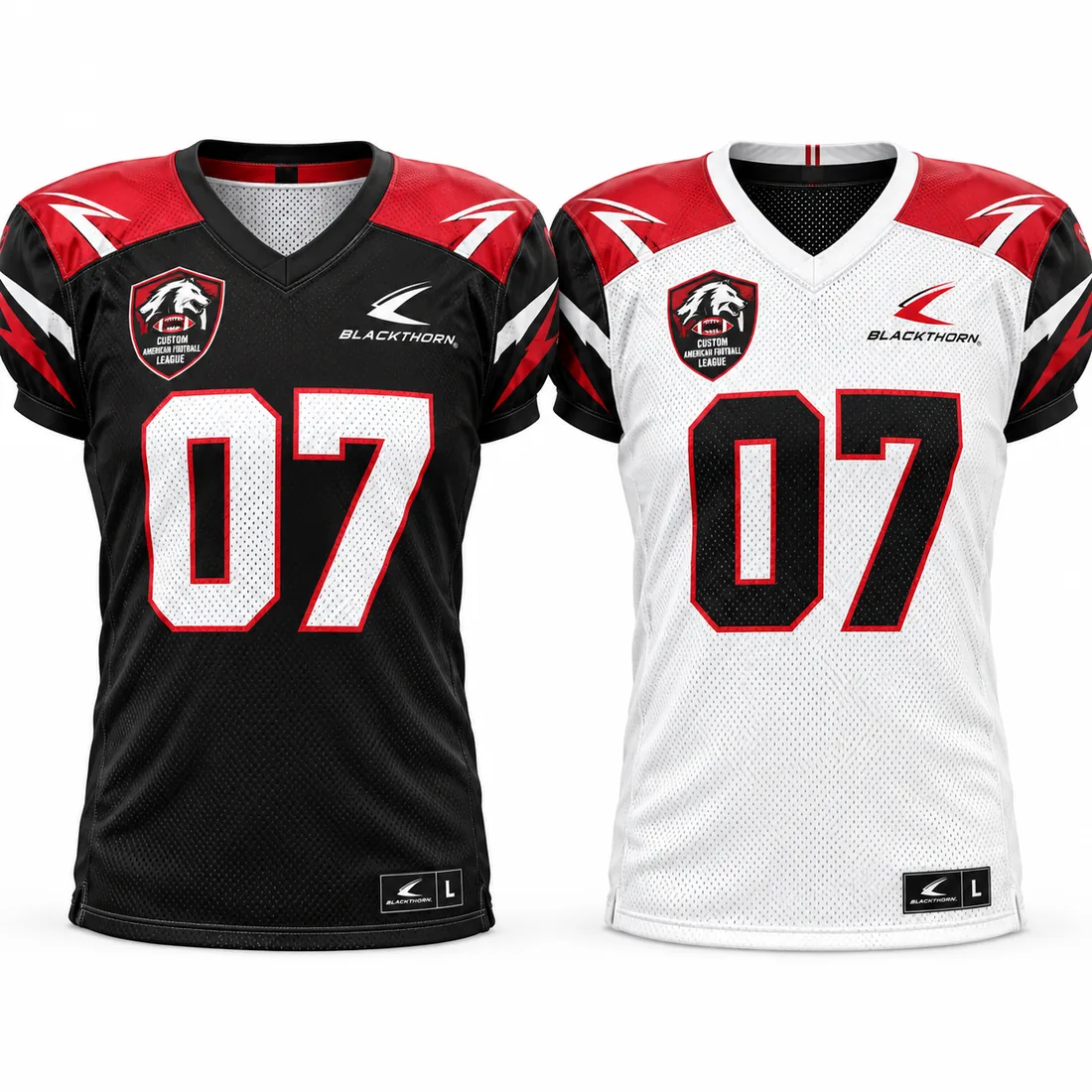 Reversible American football jersey, home and away sides, black and white — front and back
