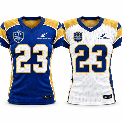 Reversible American football jersey, home and away sides, royal blue and white — front and back