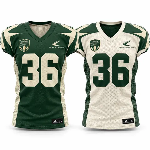Reversible American football jersey, home and away sides, forest green and cream — front and back