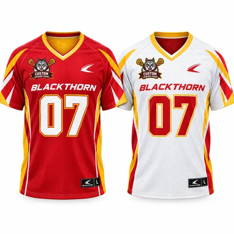 Reversible lacrosse pinnie, red and gold side and white side, short-sleeve