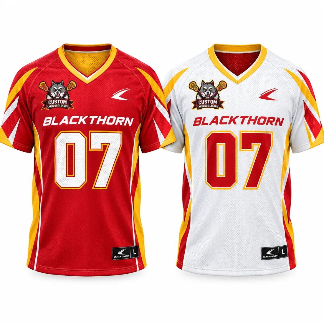 Reversible lacrosse pinnie, red and gold side and white side, short-sleeve