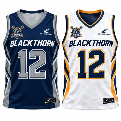 Reversible lacrosse pinnie, navy and silver side and white side, sleeveless