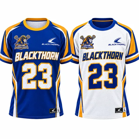 Reversible lacrosse pinnie, royal blue and gold side and white side, short-sleeve