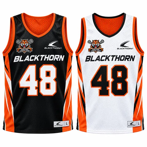 Reversible lacrosse pinnie, black and orange side and white side, sleeveless