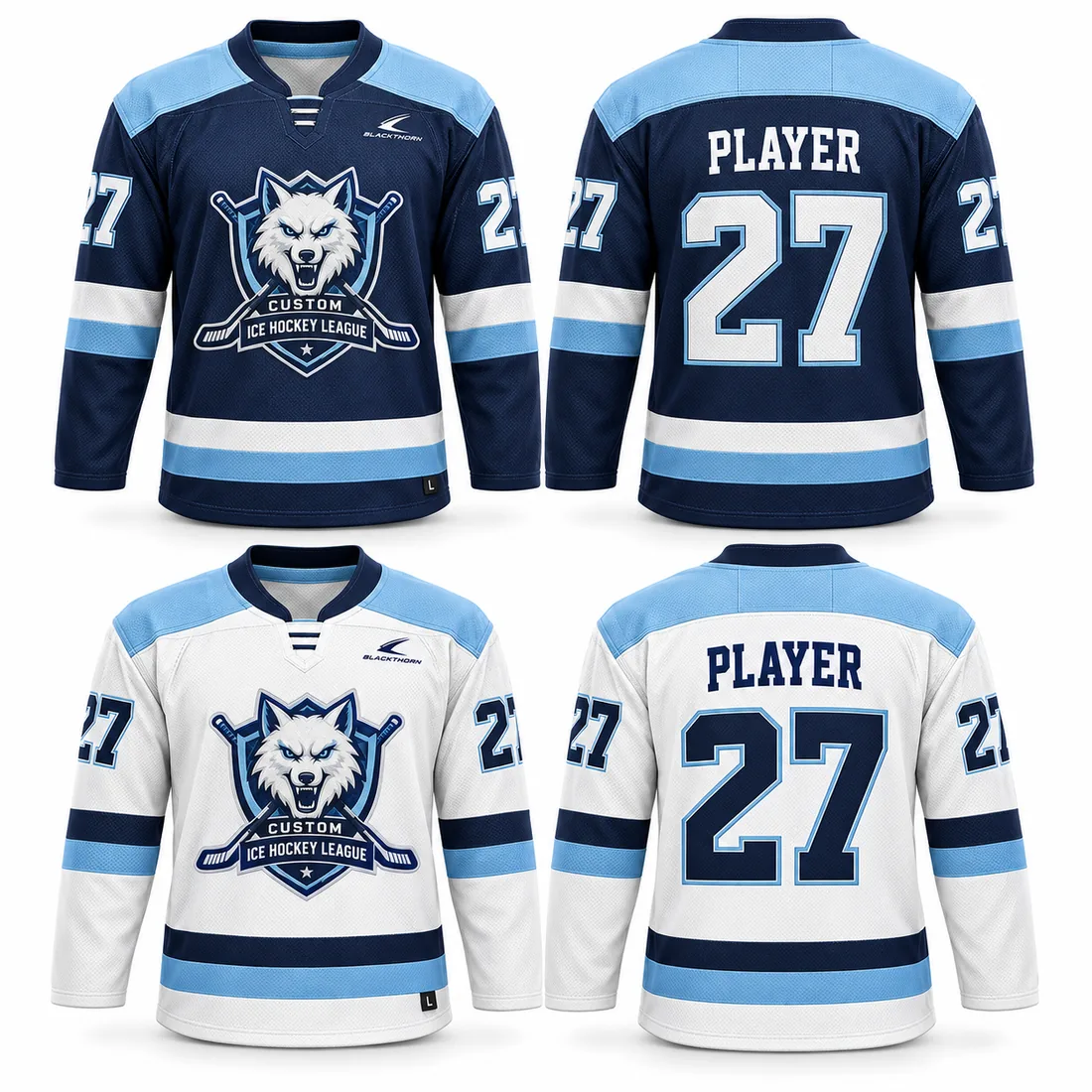 Two-color practice hockey jersey, dark and white sides, navy and white pair — front and back