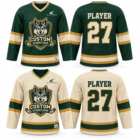 Two-color practice hockey jersey, dark and white sides, green and cream pair — front and back