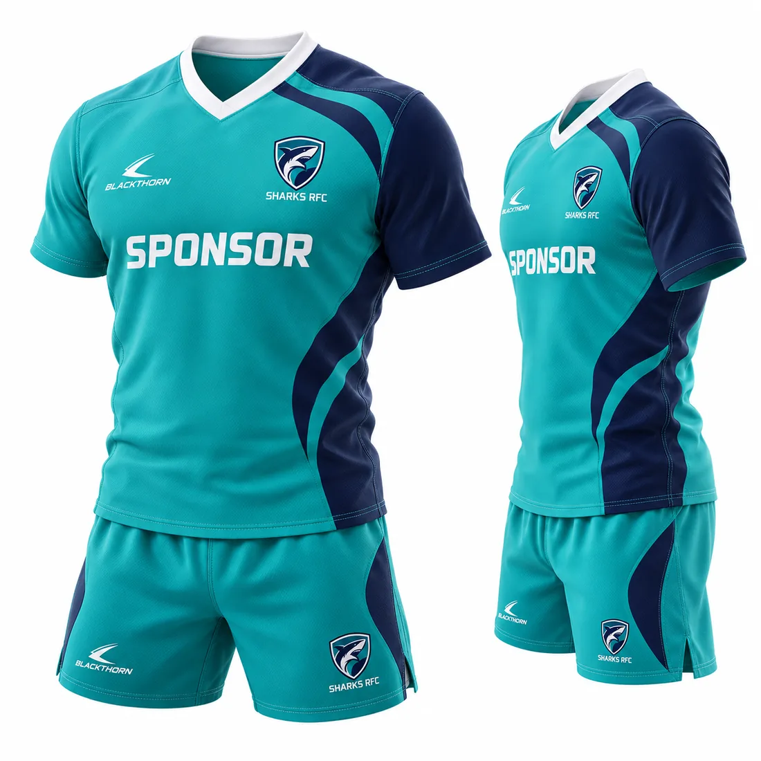 Riptide Curve Rugby Kit — aqua teal / navy custom rugby kit made to order by Blackthorn World