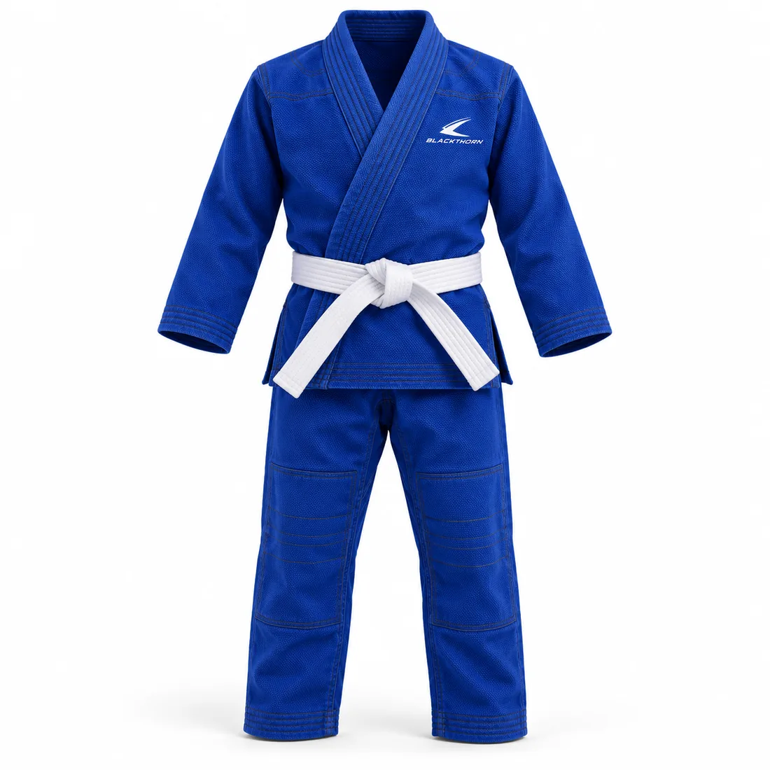 Royal blue kids BJJ gi with white belt, gym-branded kids class uniform, front view
