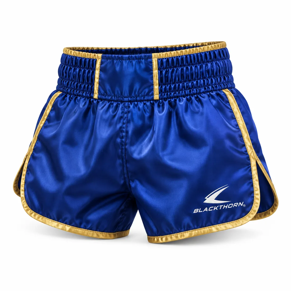 Royal Blue Satin Muay Thai Trunks — custom fight shorts by Blackthorn World