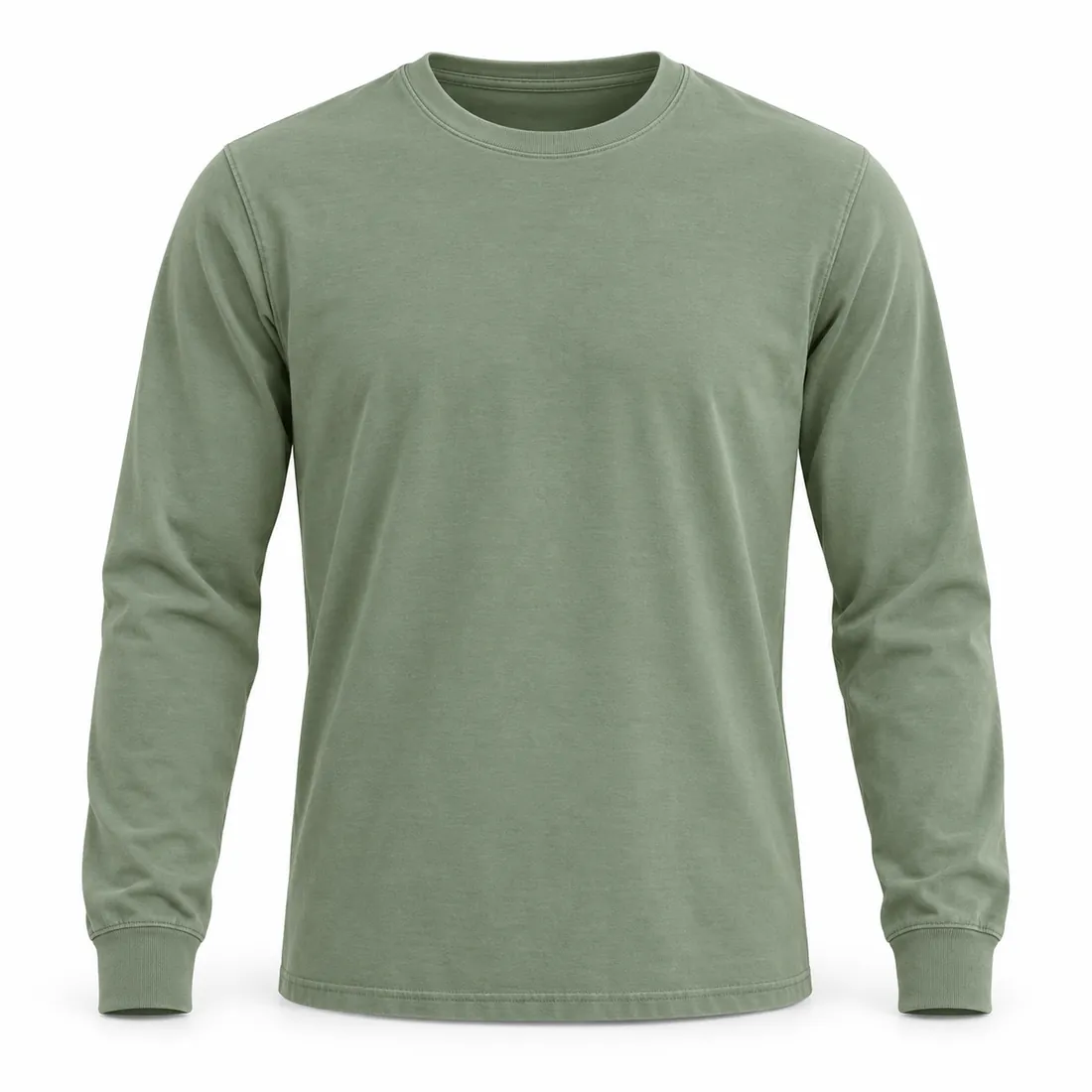 Sage long-sleeve crew-neck blank T-shirt with ribbed cuffs, wholesale by Blackthorn World