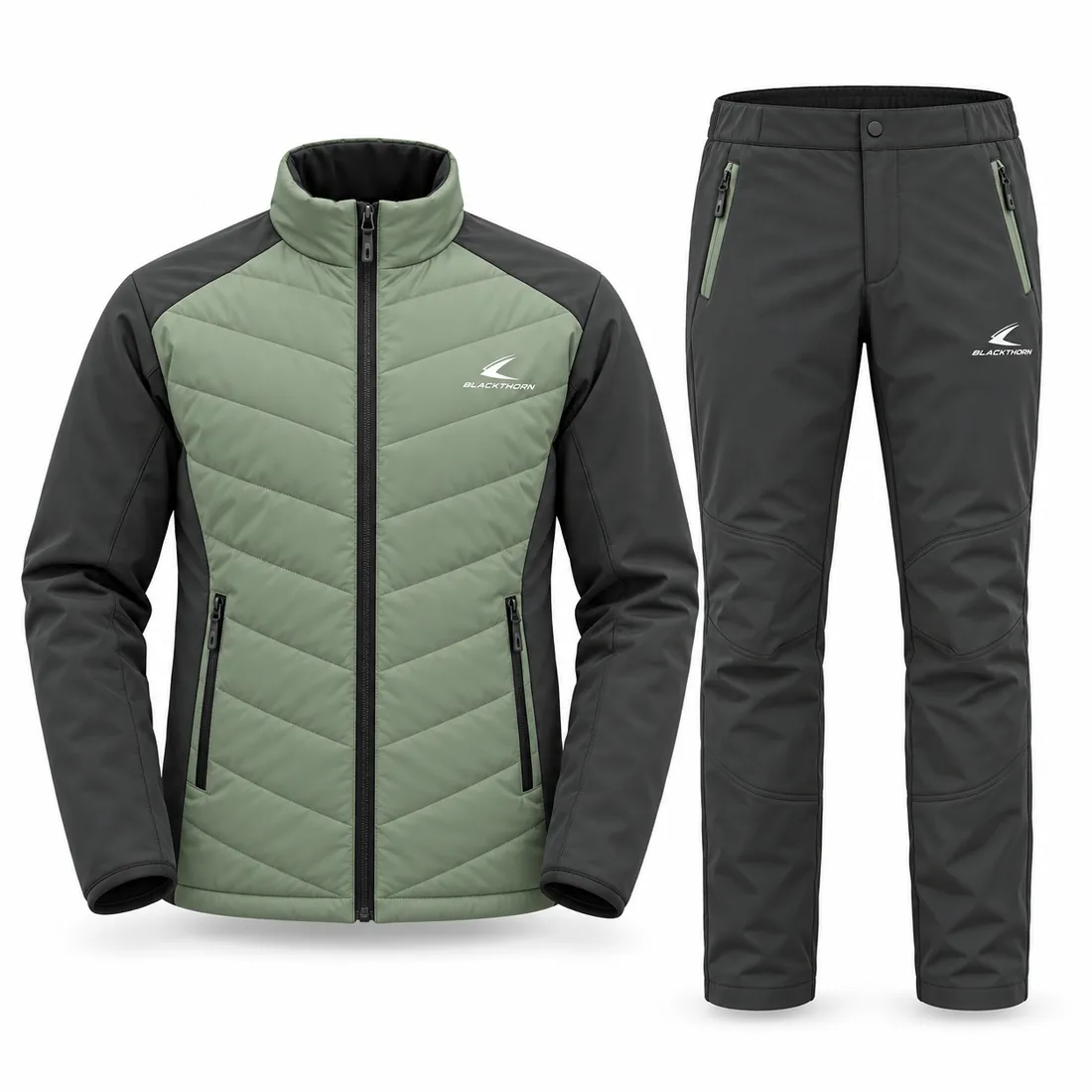 Sage Quilted Hybrid Après Set — custom quilted hybrid jacket and softshell pants set in sage green and charcoal, made to order by Blackthorn World