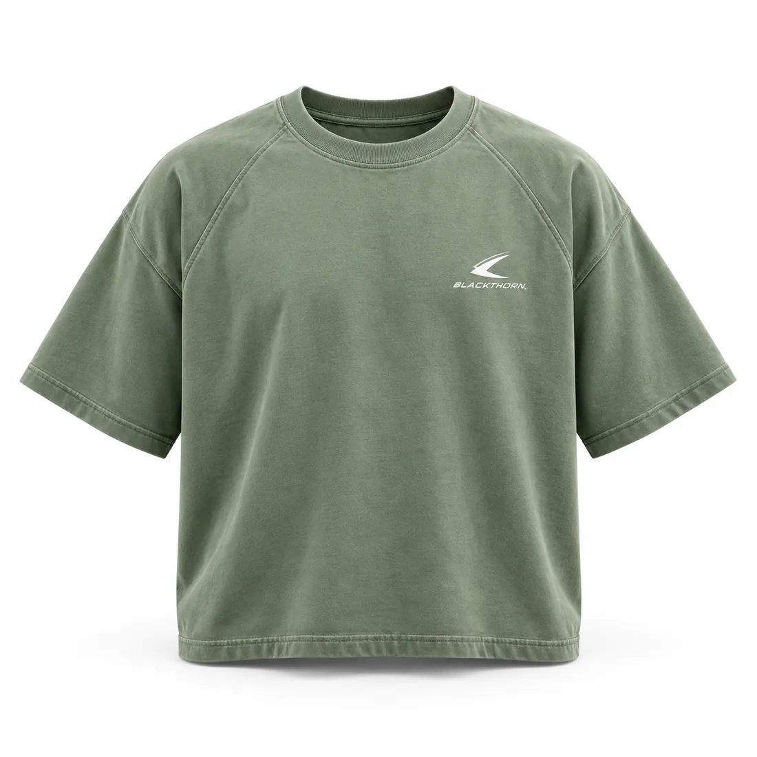 Sage-green cropped raglan T-shirt with boxy body, plain front view for sustainable brands
