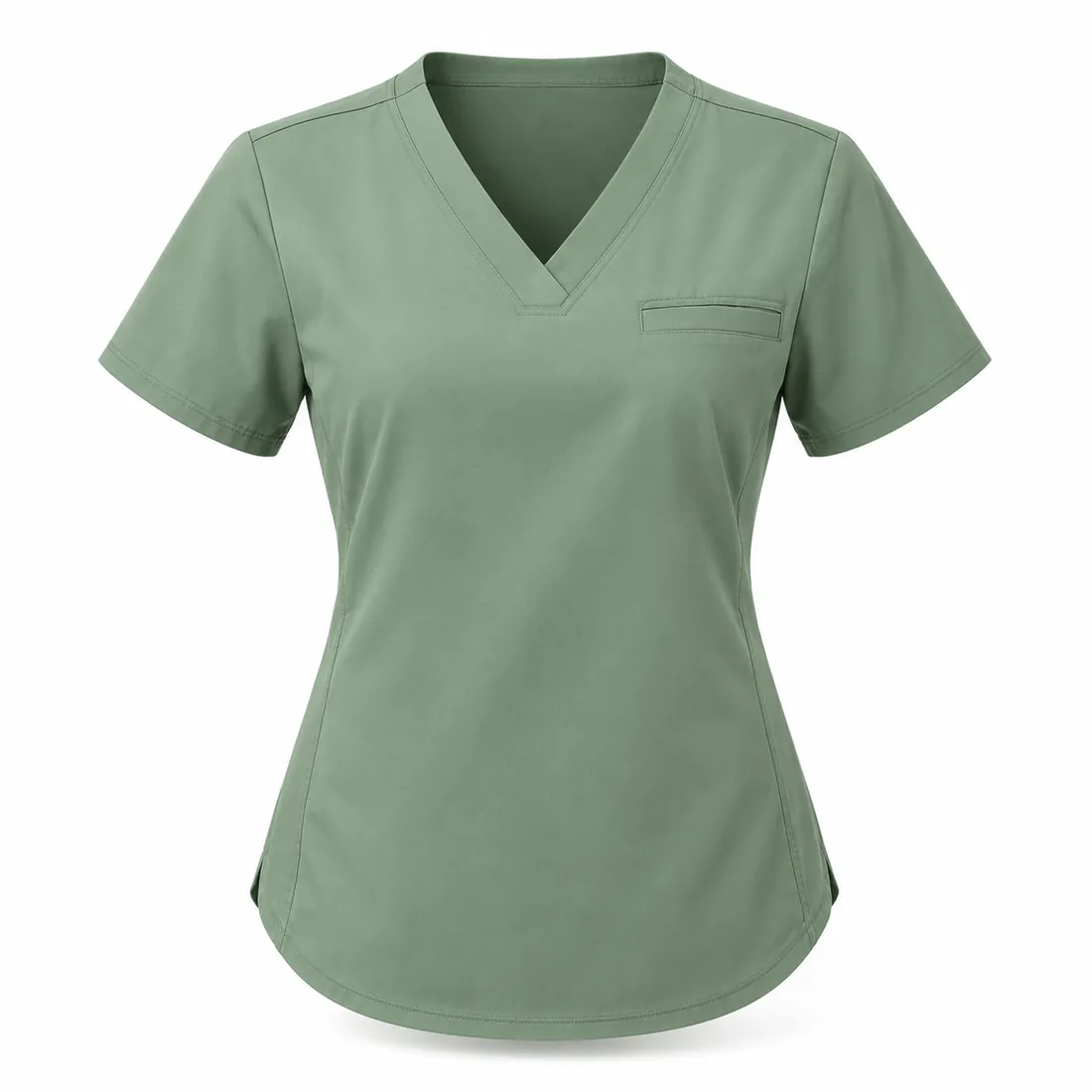 Sage green V-neck stretch scrub top with chest pocket and curved hem, wholesale by Blackthorn World