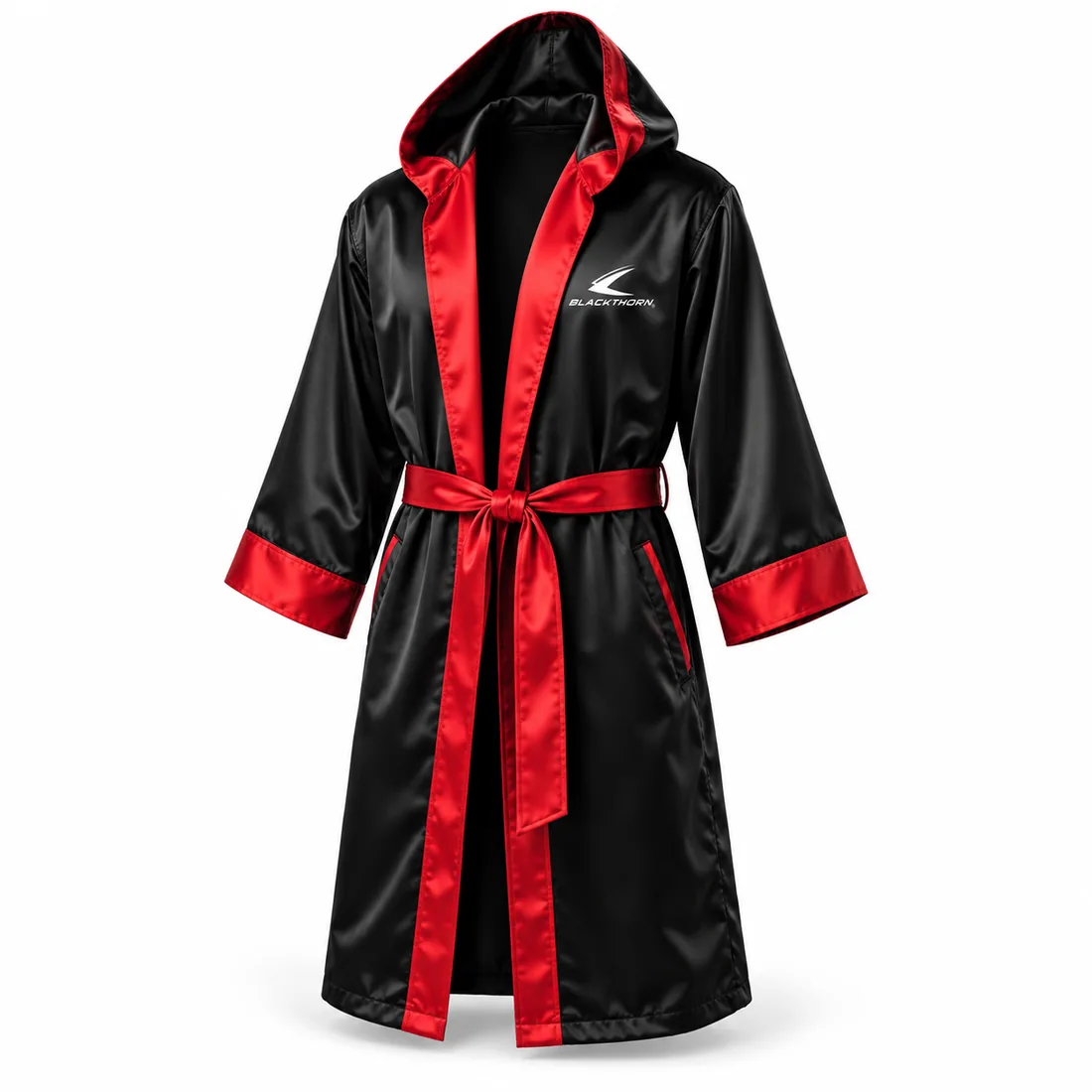 Black & Red Satin Hooded Boxing Robe — custom boxing & muay thai apparel by Blackthorn World