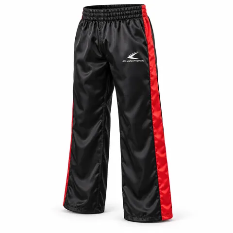 Black & Red Satin Kickboxing Pants — custom fightwear by Blackthorn World