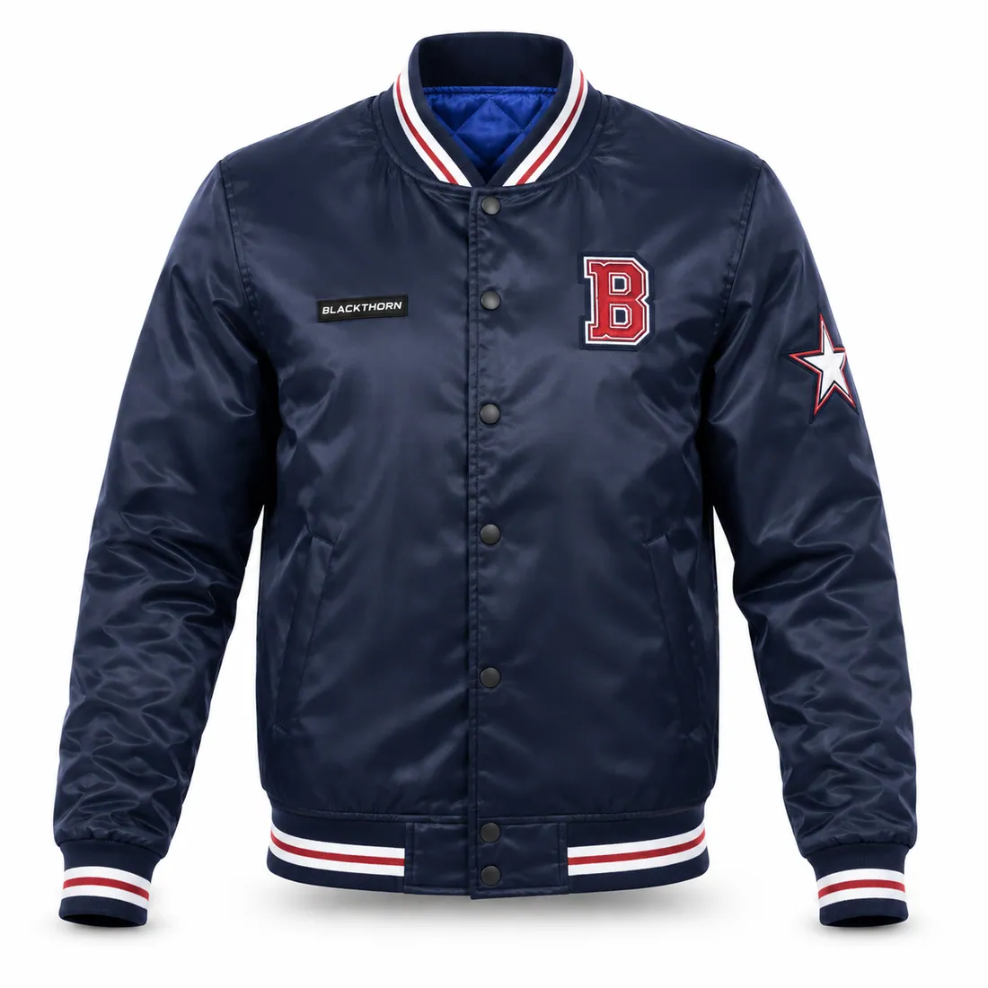 Satin Varsity Bomber Jacket — custom streetwear made to order by Blackthorn World