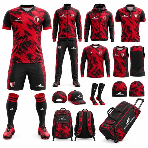 Scarlet Abstract custom soccer team package in scarlet and black: match kit, tracksuit, jackets, polo, training wear, cap, beanie, backpack and kit bag