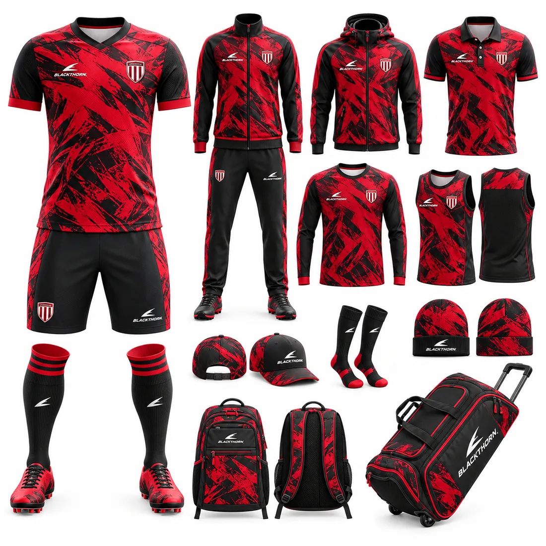 Scarlet Abstract custom soccer team package in scarlet and black: match kit, tracksuit, jackets, polo, training wear, cap, beanie, backpack and kit bag