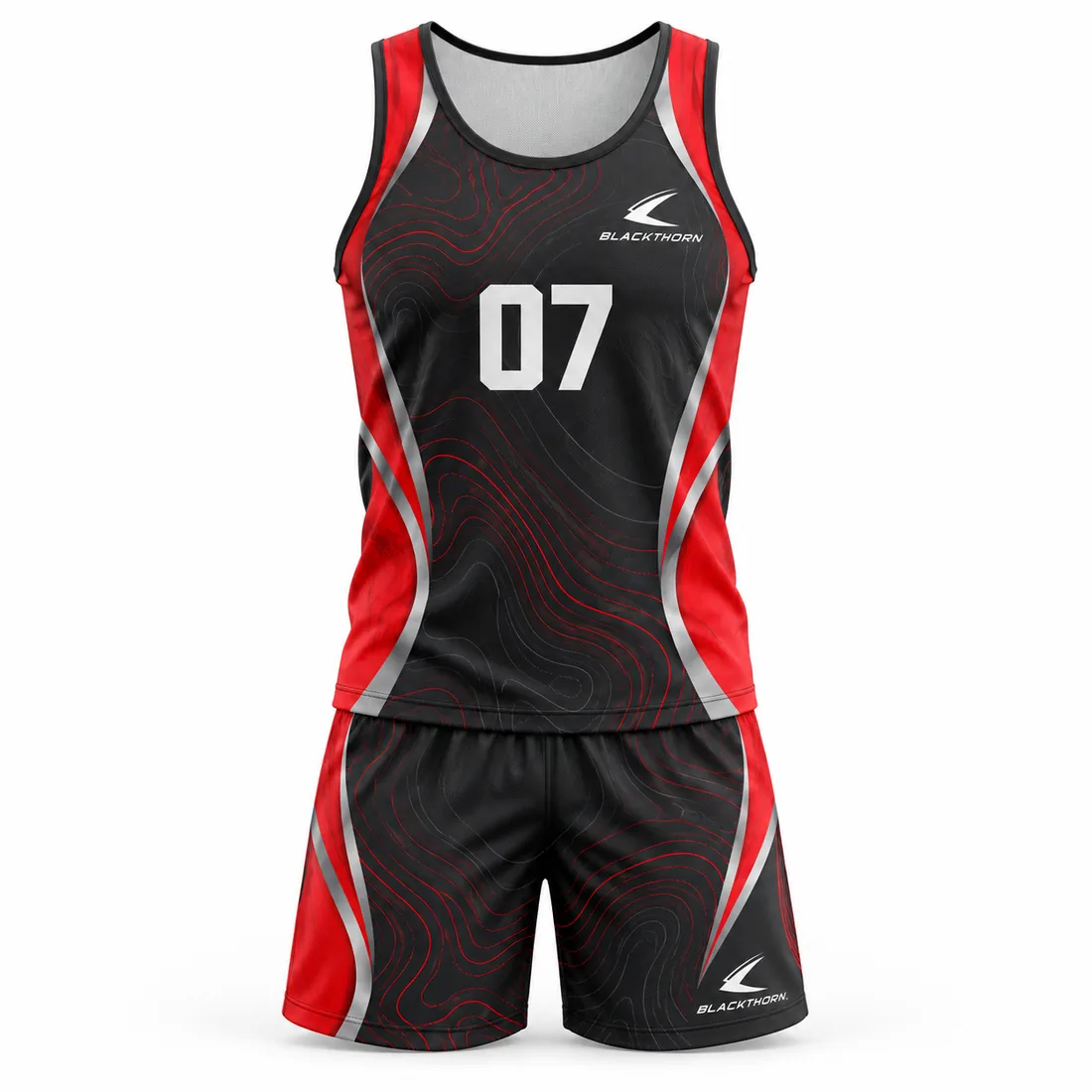 Scarlet and black contour-print sleeveless beach volleyball tank and shorts with grey side panels and number 07