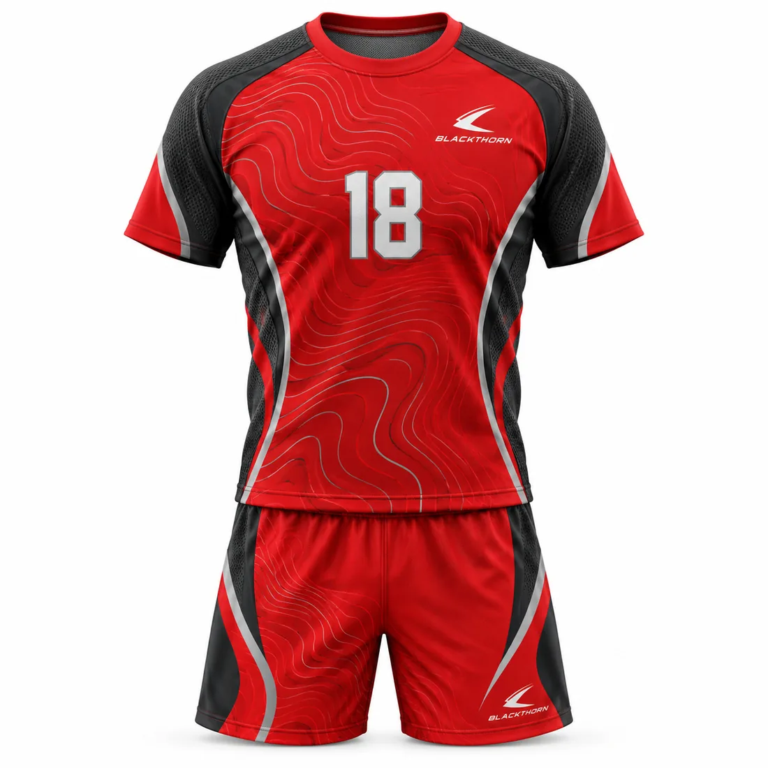 Scarlet red and black handball jersey and shorts with contour lines, grey side panels and number 18, tournament kit