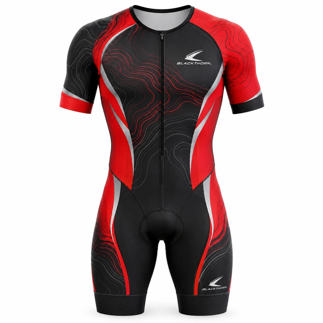 Scarlet red and black short-sleeve race trisuit with contour-line print and grey side panels