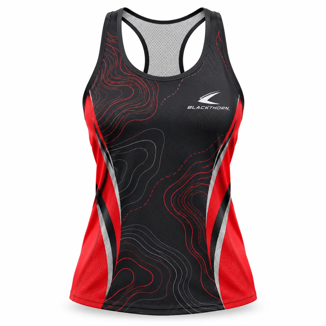 Scarlet red and black women's racing singlet with contour lines and grey side panels, racer back