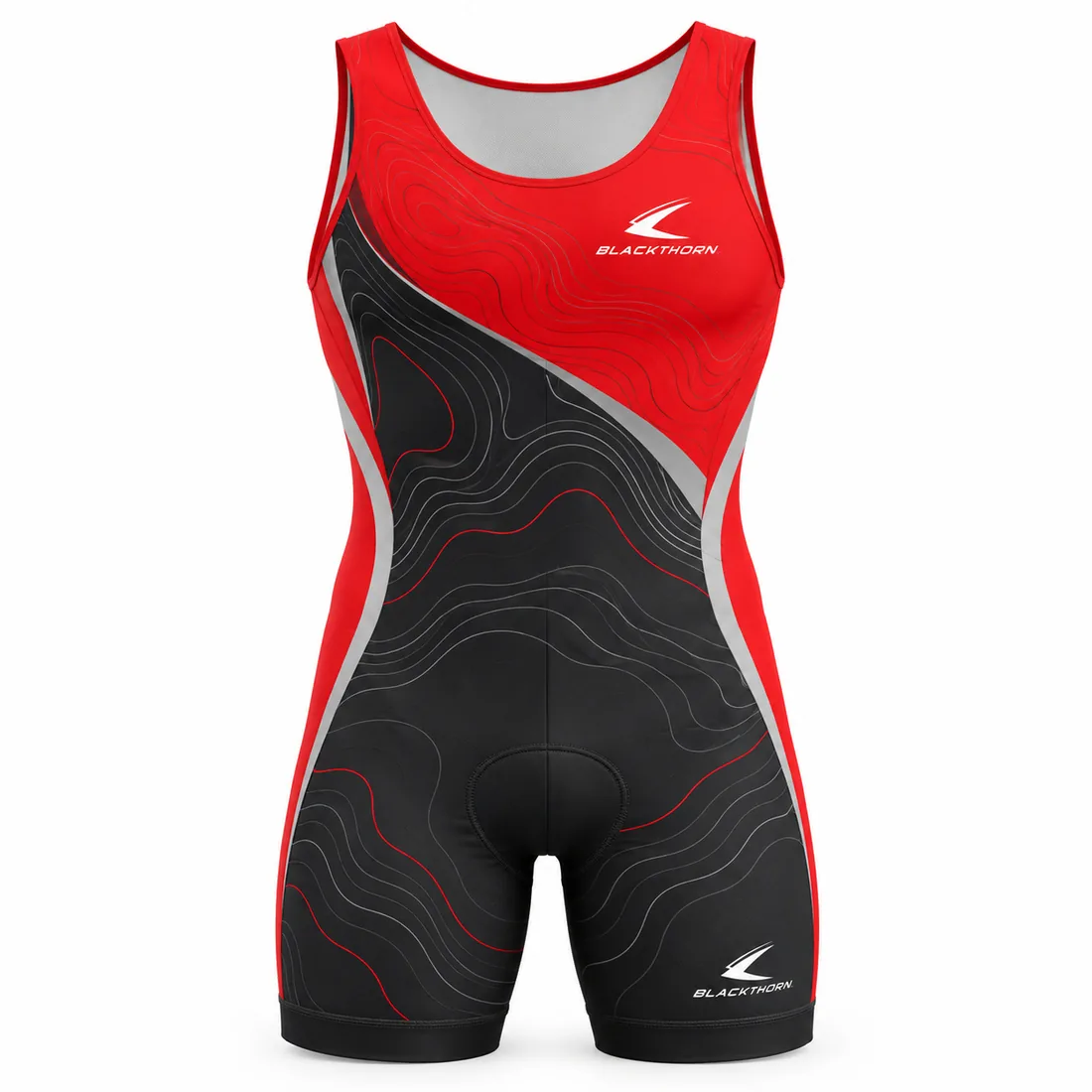 Scarlet red and black rowing unisuit with contour lines and grey side panels for regattas