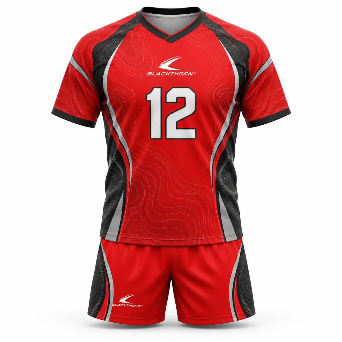 Scarlet red and black contour-print V-neck volleyball jersey and shorts with grey side panels and number 12