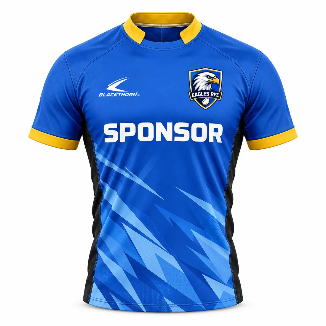 Skyhawk Strike Rugby Jersey — royal blue / sky blue / yellow custom rugby kit made to order by Blackthorn World