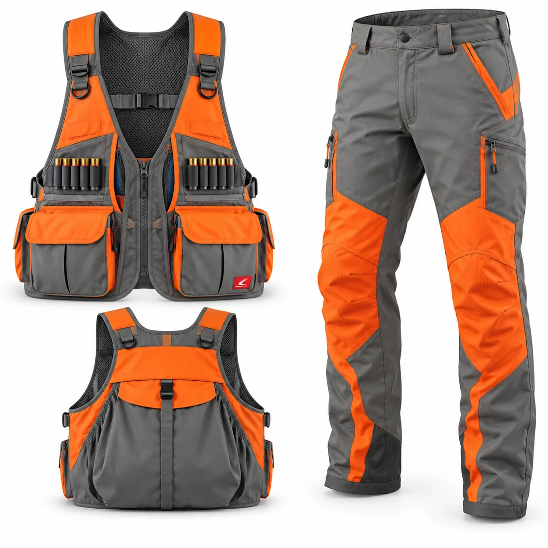 Slate grey upland strap vest with orange panels and grey brush pants with orange chaps