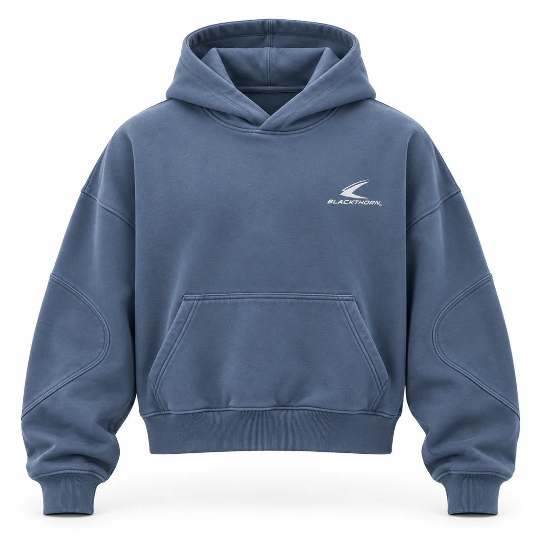 Dusty slate-blue cropped boxy pullover hoodie with curved sleeve seams, front view