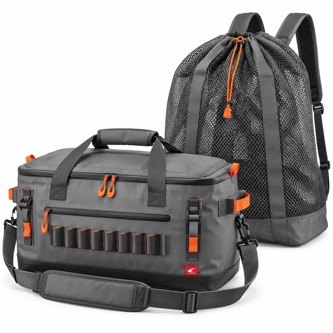 Slate grey blind bag with orange zip pulls and grey mesh decoy backpack, hunting event bag set