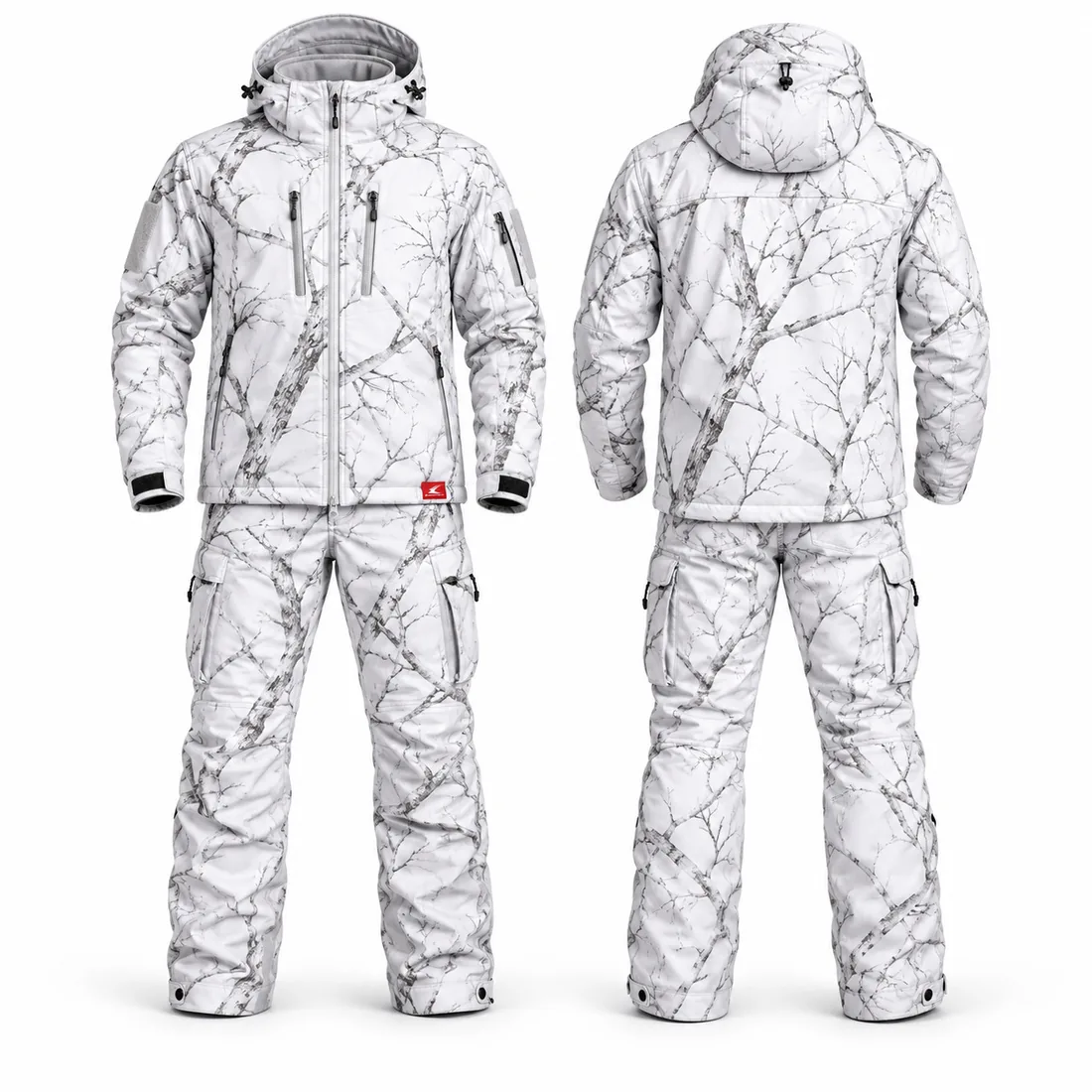 White snow branch camo insulated parka and pants with grey branch print, hunting suit