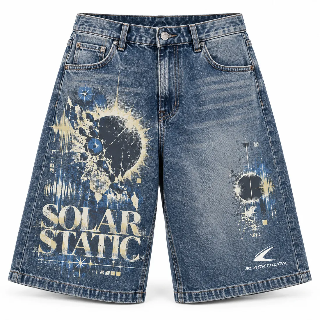 Solar Static Washed Blue Denim Jorts — streetwear shorts by Blackthorn World