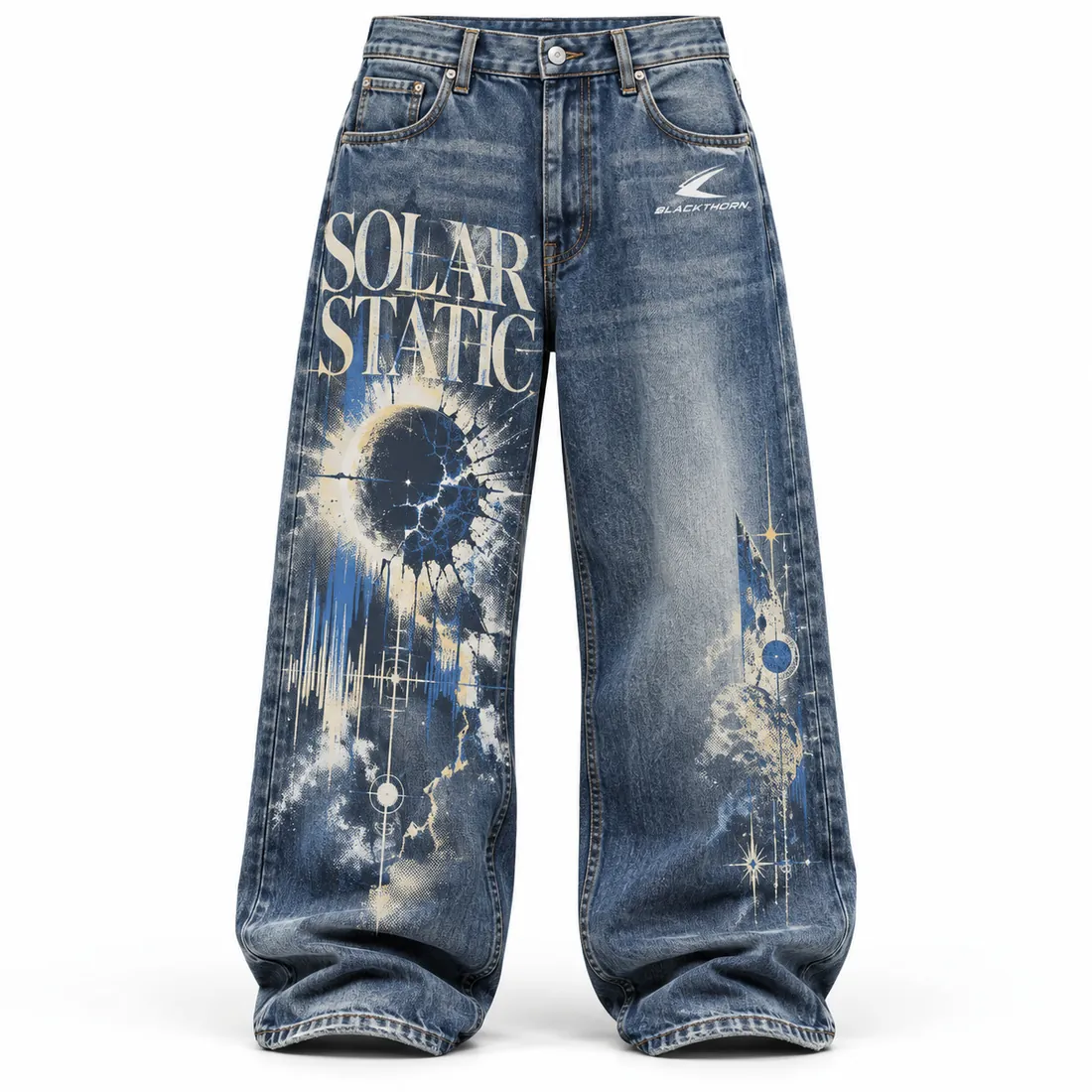 Solar Static Washed Blue Loose Denim Trousers — sweatpants, cargo & denim trousers by Blackthorn World