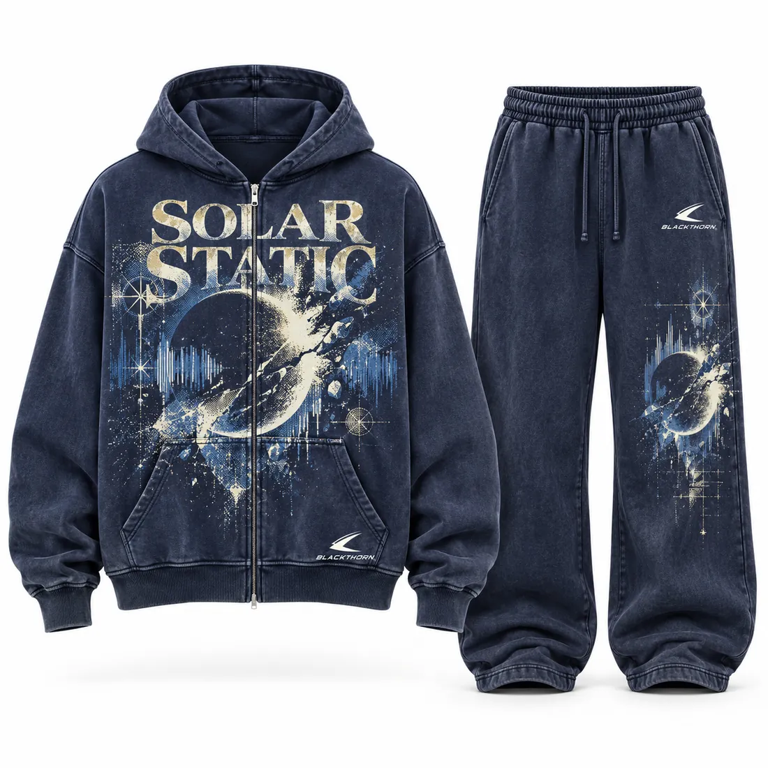Solar Static Washed Navy Zip Tracksuit — tracksuits & sweatsuits by Blackthorn World