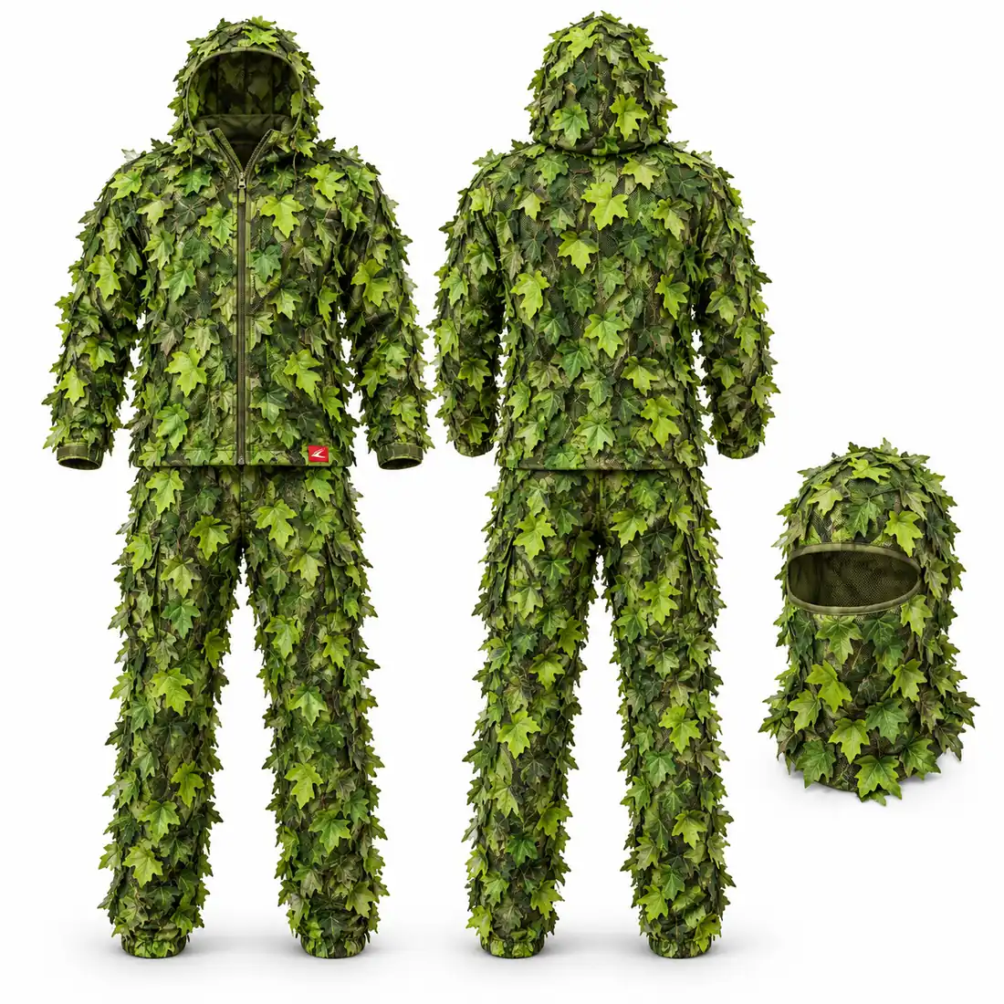 Spring green 3D leafy suit with deep hood and face mask, laser-cut leaf camo