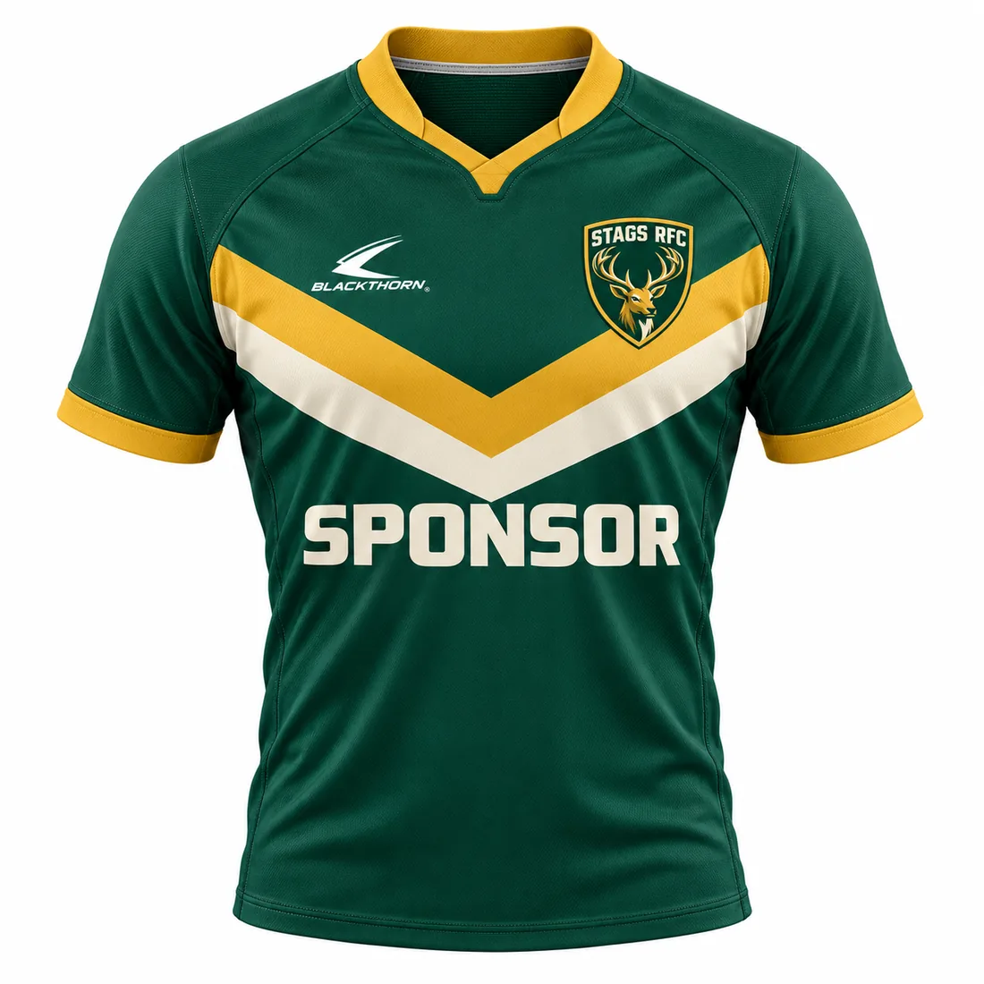 Stag Chevron Rugby League Jersey — forest green / gold / cream custom rugby kit made to order by Blackthorn World