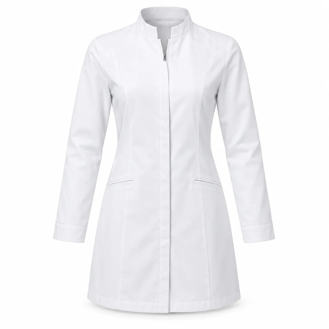 White stand-collar lab coat with concealed zip front, wholesale by Blackthorn World