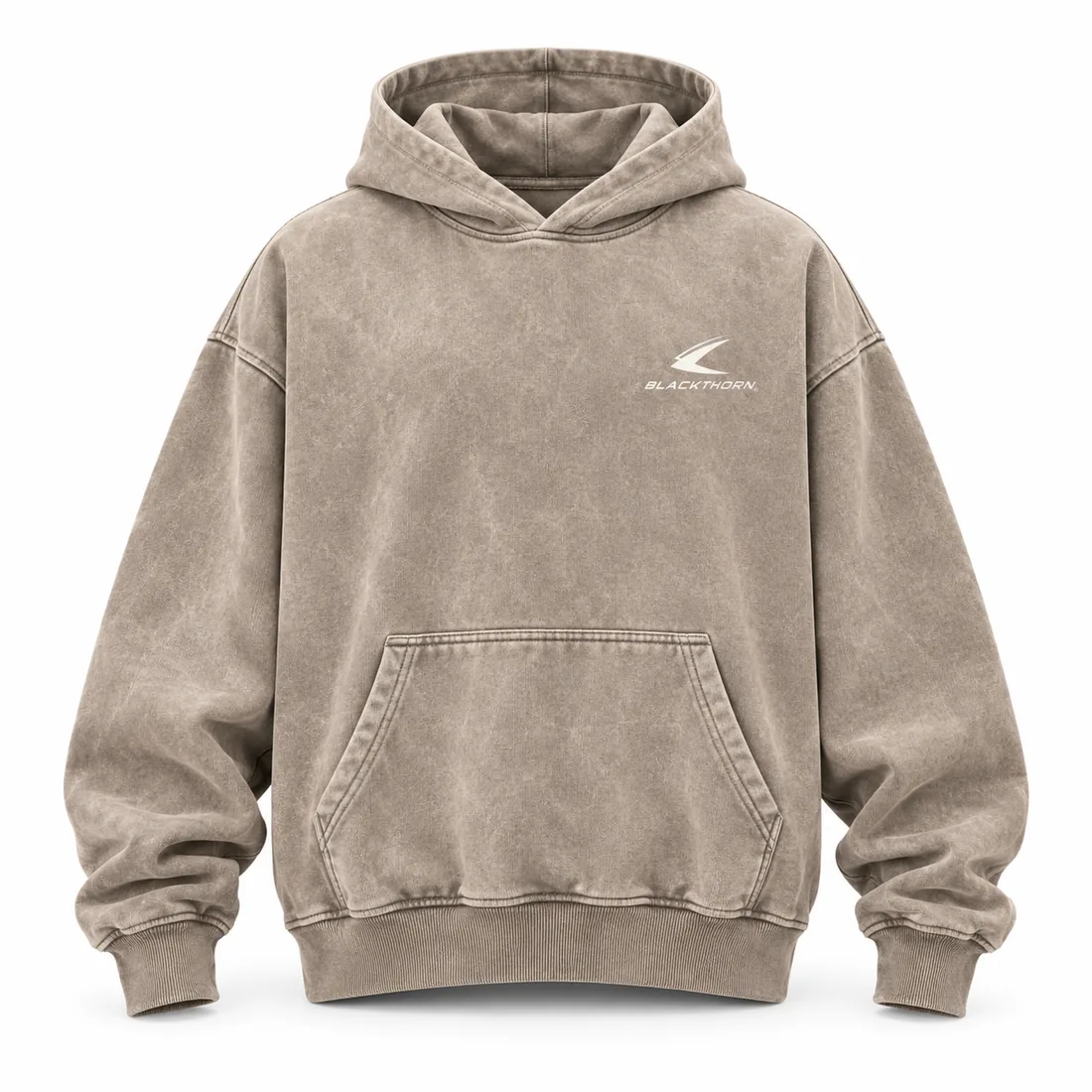 Stone sand acid-wash oversized pullover hoodie with soft mineral wash texture, front view