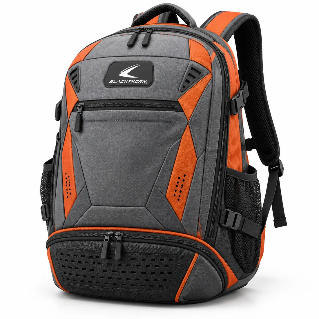 Stone grey gym backpack with bright orange side panels and trim, front logo patch and black perforated shoe compartment