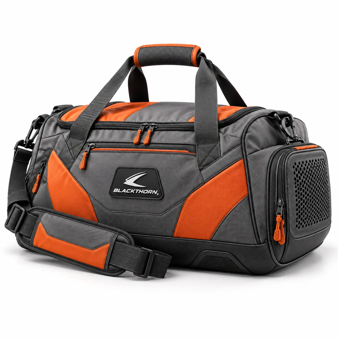 Stone grey gym duffle bag with bright orange panels, orange handle wrap, logo patch and black mesh vented end pocket