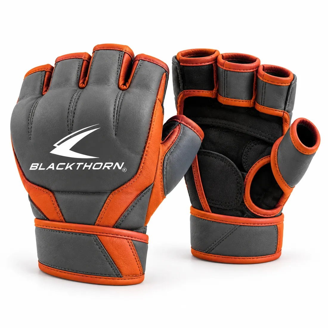 Stone grey grappling gloves with bright orange side panels and edging, open palms, free thumbs and white Blackthorn logo