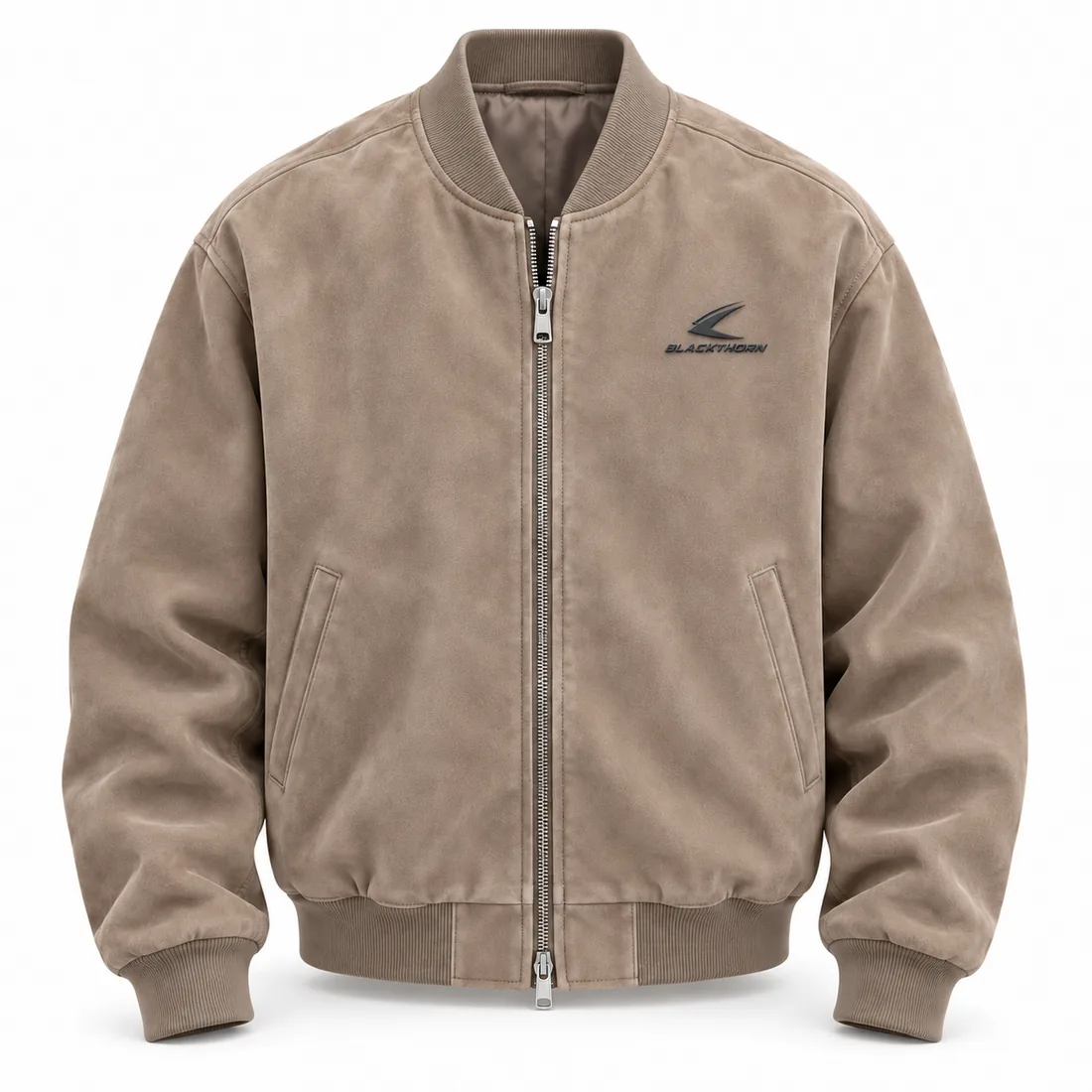 Stone-beige micro-suede bomber jacket with rib trims and TPR chest badge for tournament teams