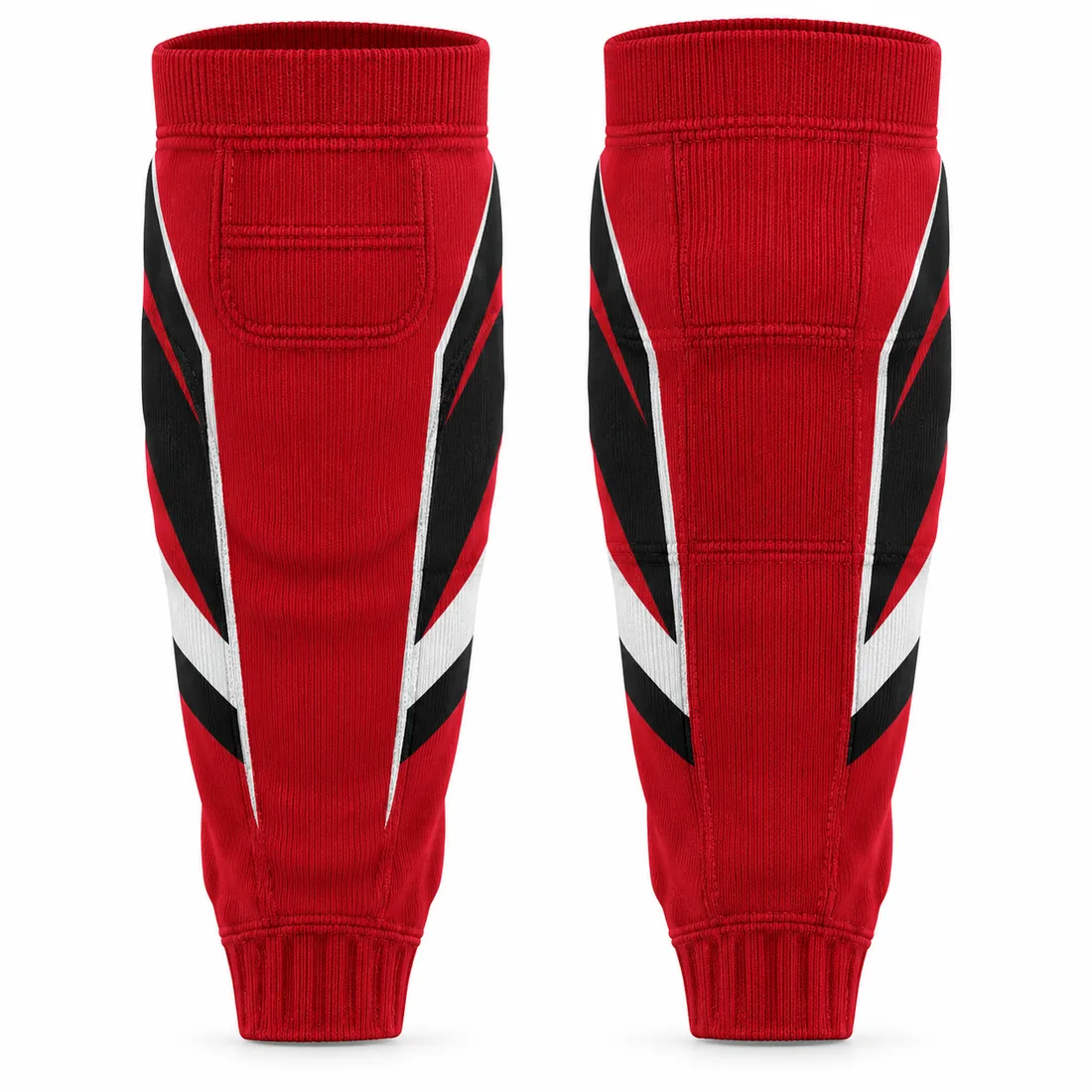 Sublimated hockey socks with team graphics, red — front and back