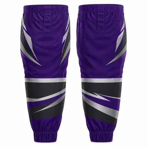 Sublimated hockey socks with team graphics, purple and grey — front and back