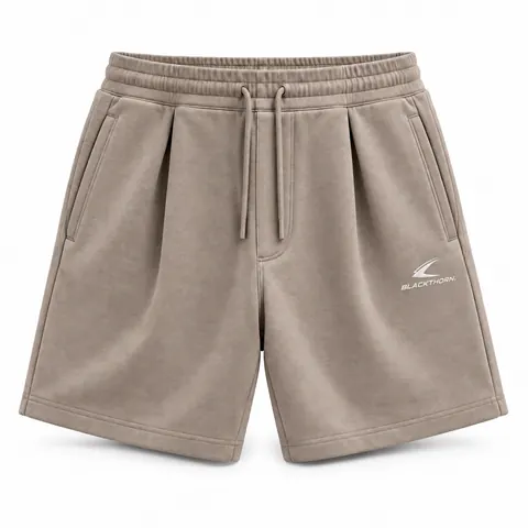 Taupe Pleated Embroidered Sweat Shorts — Streetwear · Streetwear shorts by Blackthorn World