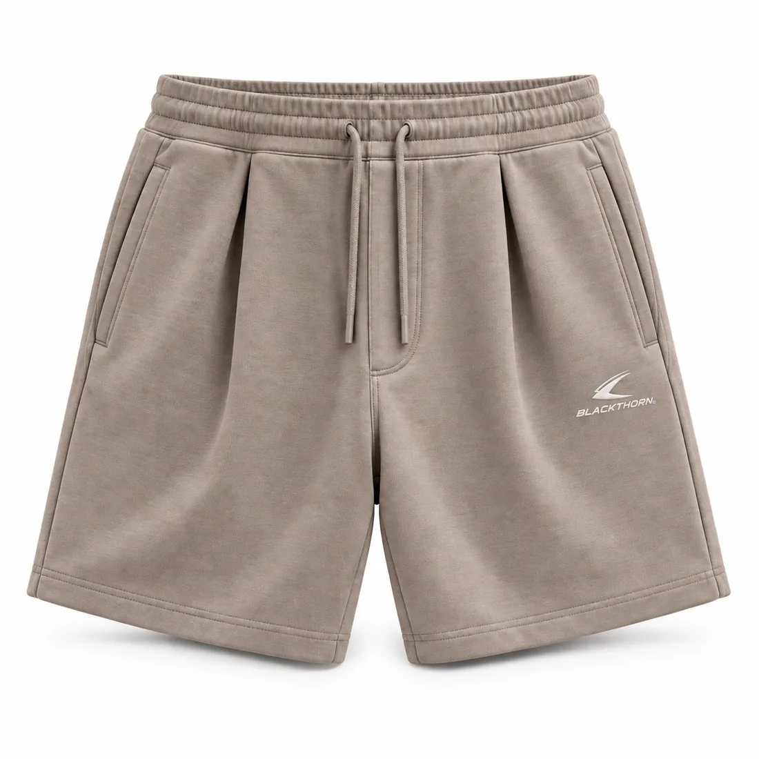 Taupe pleated-front French terry sweat shorts with drawcord waistband, embroidered team store merch