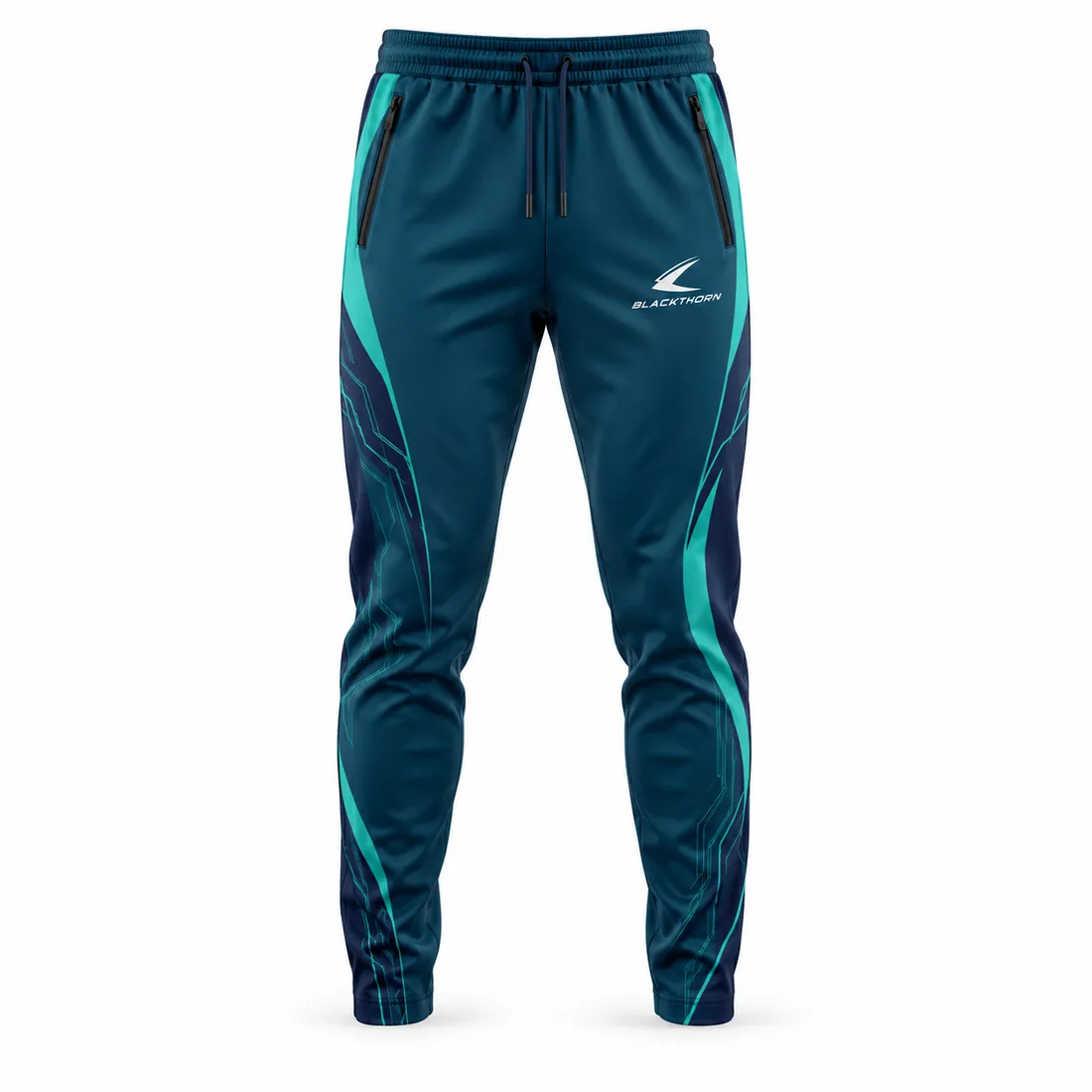 Deep navy tapered coach training pants with teal circuit panels and zip pockets, front view